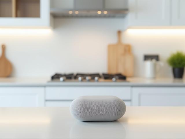 Compact design speaker on a kitchen counter, blending with stainless steel appliances and modern finishes.