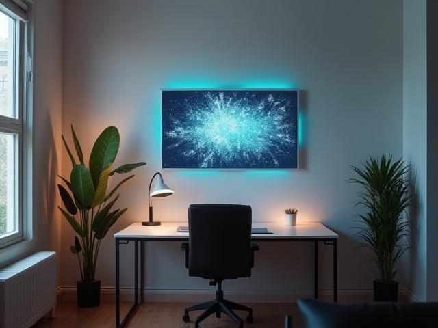 Interactive tech art piece hanging on a minimalist wall in a stylish home office, adding a dynamic visual element.